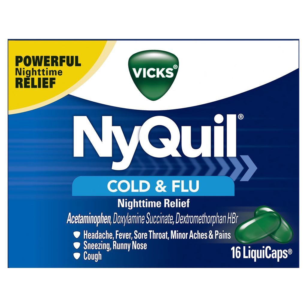 VICKS NyQuil夜用型鼻塞头疼发烧喷嚏液体胶囊16粒