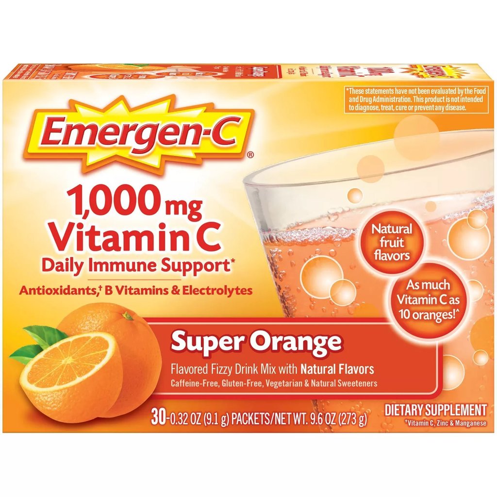 Emergen-C Brand Vitamin C, 1000 mg, Daily Immune Support, Super Orange Flavors, 30 Packets 维生素C, 1000毫克, 超级橙味 30包装