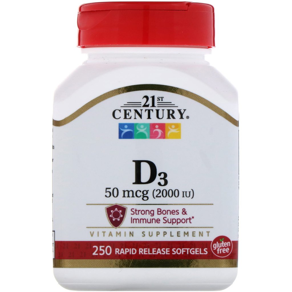 21st Century Brand Vitamin D3, 50 mcg (2,000 IU), Strong Bones & Immune Support, 250 Rapid Release Softgels 强壮的骨骼和免疫维生素补充剂 250粒软胶囊