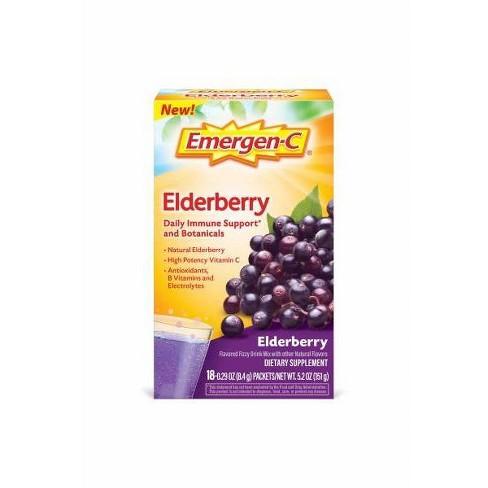 Emergen-C Brand Vitamin C, Elderberry, Daily Immune Support & Botanicals, Elderberry Flavors, 18 Packets 维生素C, 蓝莓味 18包装