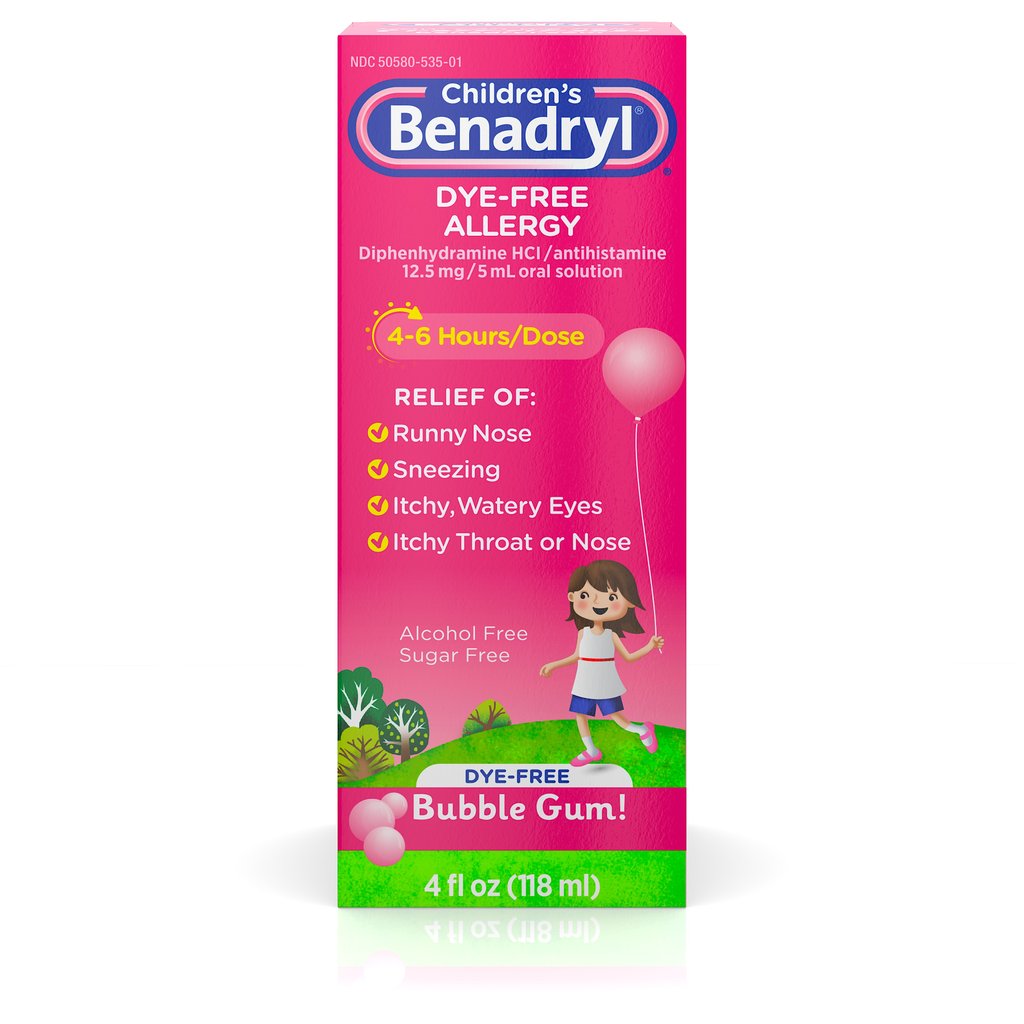 Benadryl Brand Children’s Dye-Free Allergy Liquid, Bubble Gum, 4 fl oz (118mL) 儿童日常抗过敏药水 泡泡糖味
