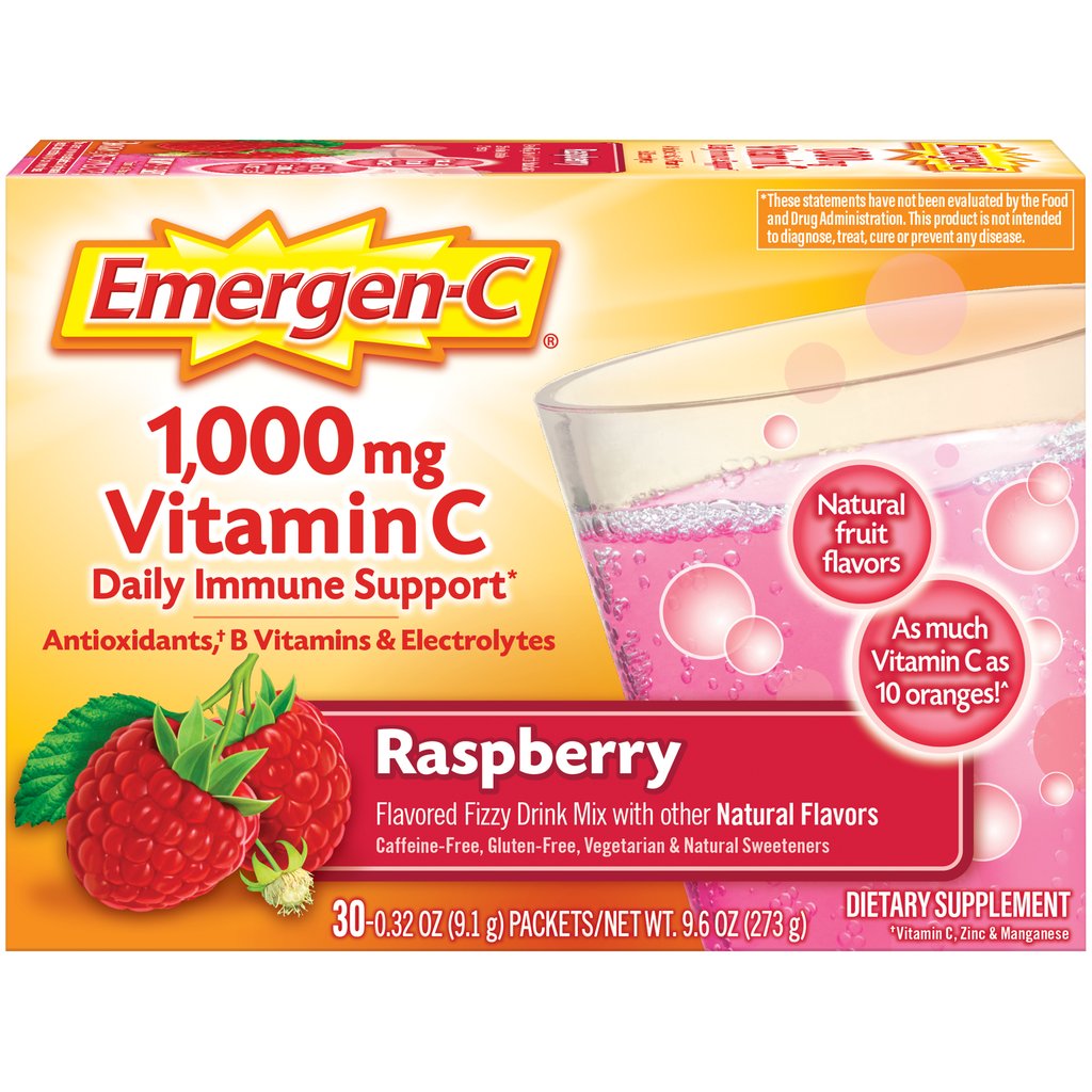 Emergen-C Brand Vitamin C, 1000 mg, Daily Immune Support, Raspberry Flavors, 30 Packets 维生素C, 1000毫克, 山莓味 30包装
