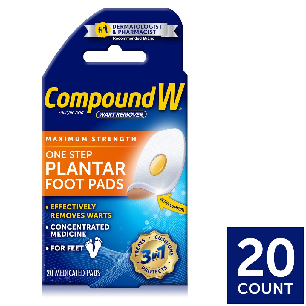 Compound W Brand Maximum Strength One Step Plantar Wart Remover Foot Pads, 20 Count 最强除茧去疣贴 20片装