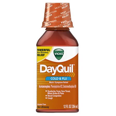 Vicks DayQuil Brand Cold & Flu Relief Liquid, Acetaminophen 12 fl oz (354mL) 日间用强效缓解感冒发烧咳嗽止痛药水