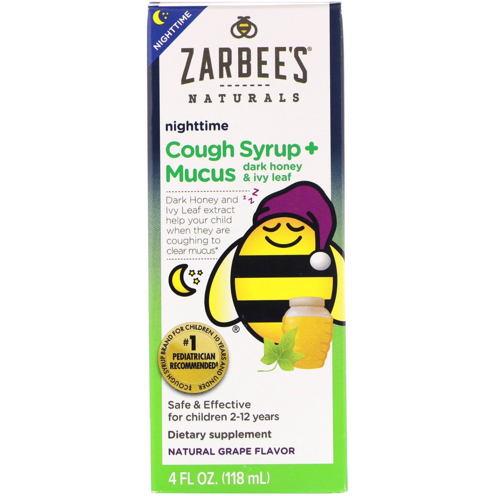 Zarbee’s Naturals Brand Nighttime Cough Syrup+Mucus Dark Honey & Ivy Leaf, Safe For Children 2-12 Yrs, Natural Grape Flavor 4 fl oz (118mL) 夜间止咳糖浆, 天然葡萄味