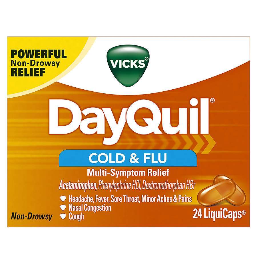 Vicks DayQuil Brand Cold & Flu Multi-Symptom Relief 24 LiquiCaps 日用型鼻塞头痛发烧喷嚏液体胶囊 24粒装