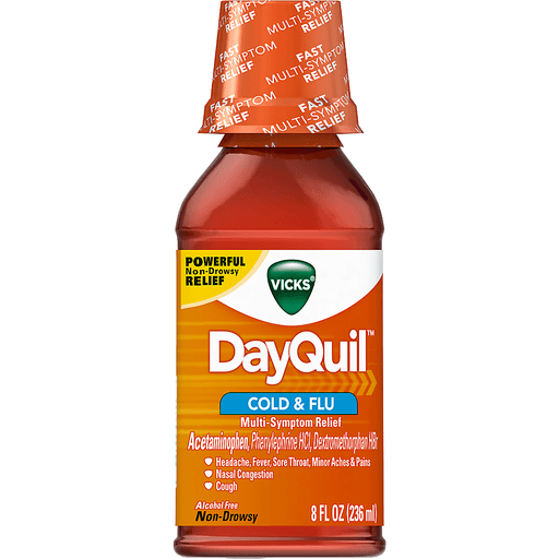 Vicks DayQuil Brand Cold & Flu Relief Liquid, 8 fl oz (236mL) 日间用强效缓解感冒发烧咳嗽止痛药水