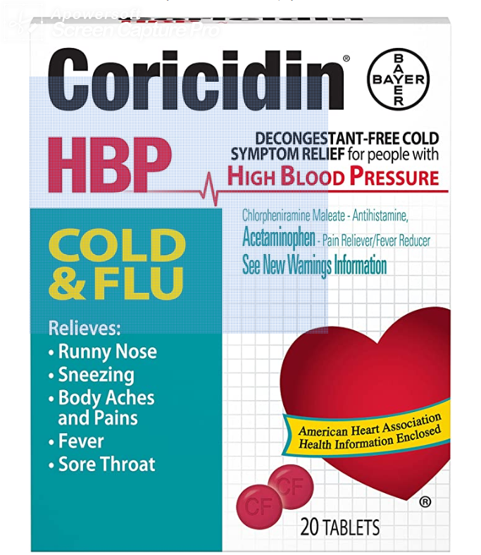Coricidin Brand HBP, Cold & Flu Relief Tablets, High Blood Pressure (20 Tablets) 冒和流感缓解片，适合高血压人士