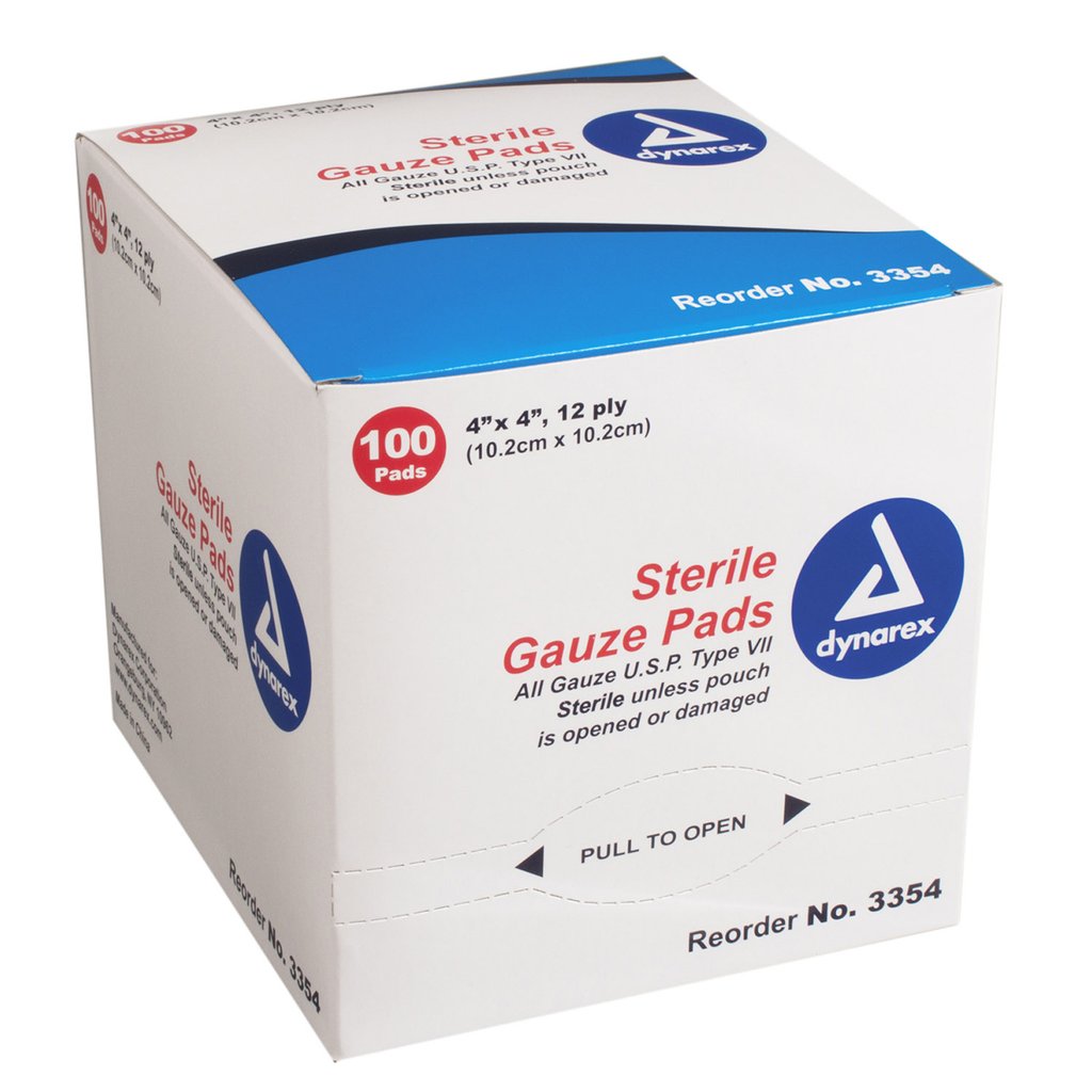 Dynarex Brand Sterile Gauze Pads 4″ x 4″, 12-ply, 100 Each, Reorder #3354 无菌纱布垫 4“ x 4” 12层不含乳胶 (#3354)